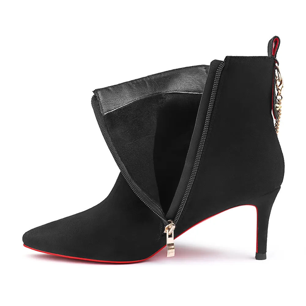 60mm Women's Pointed Toe Metal Chain Kitten Heel Single Strap Red Bottom Booties-vocosishoes