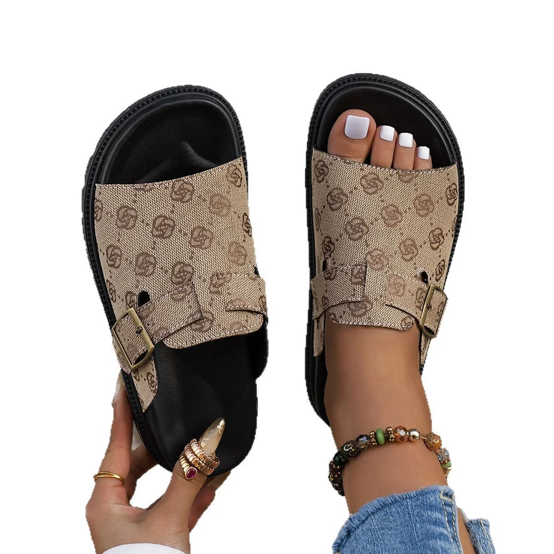 Breakj Breakj Flat-Bottomed Slippers Women 2025 New High-End Thick-Sleet Foot Belt Buckle Type Roman Slippers
