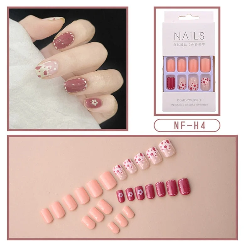 Fashion 24pc/set French Styel Press On False Nail Tips 10 Sizes Fake Nails Full Cover Nail Tips With Nail Adhesive Tab Sticker-Nail Inspo