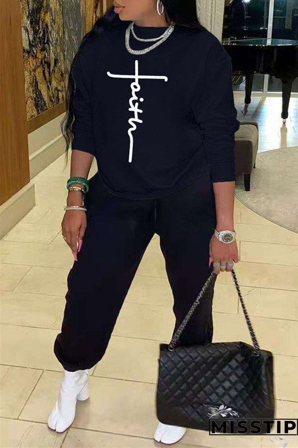 Black Fashion Casual Print Basic O Neck Long Sleeve Two Pieces