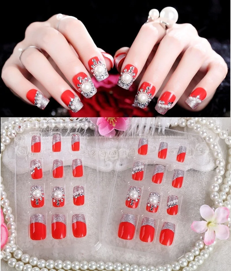 24Pcs/Set Fake Nails Press on Girls Finger Beauty False Nail Art Tips Bright Shining 3D Diamond Full Cover French Nail Art Tips-Nail Inspo