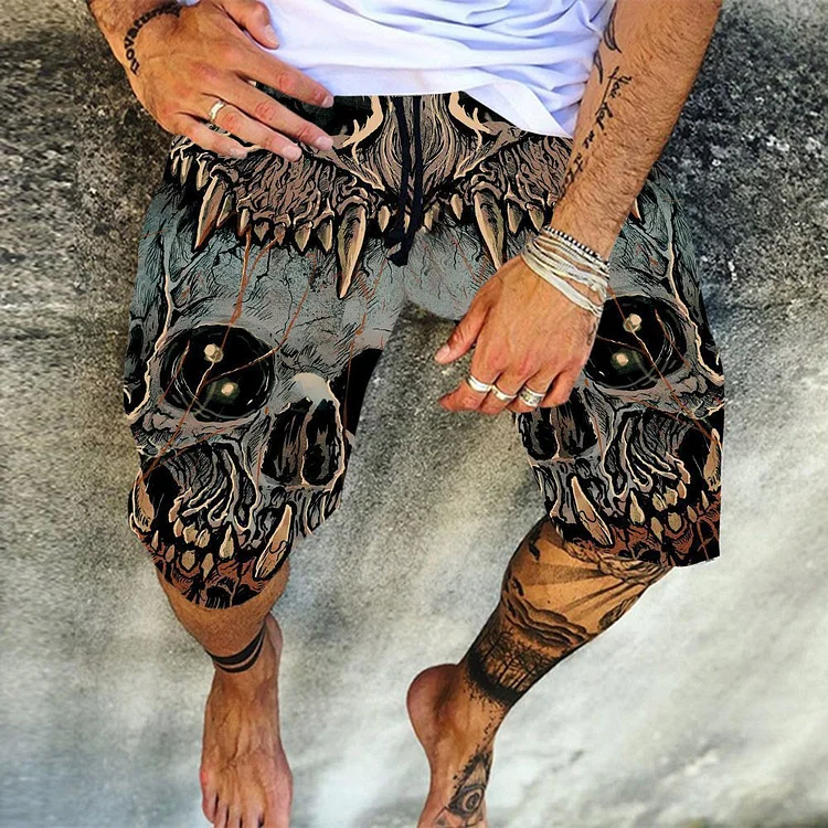 Skull Pattern Printing 3D Men'S Casual Quick-Drying Beach Pants at Hiphopee