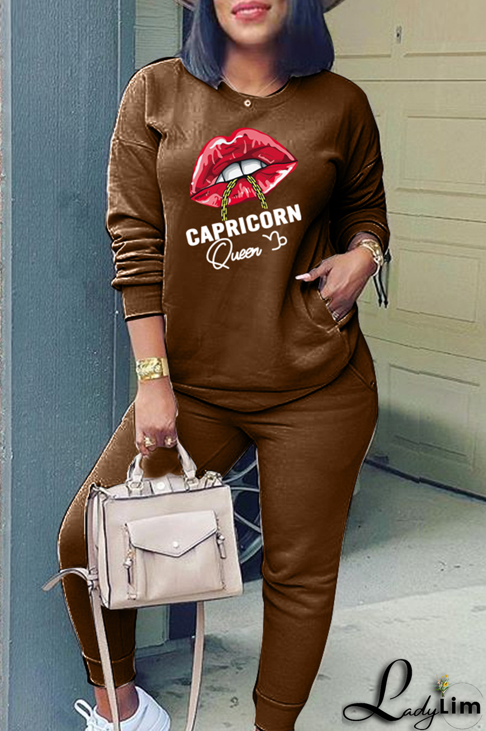 Yellow Fashion Lips Printed Patchwork O Neck Long Sleeve Two Pieces