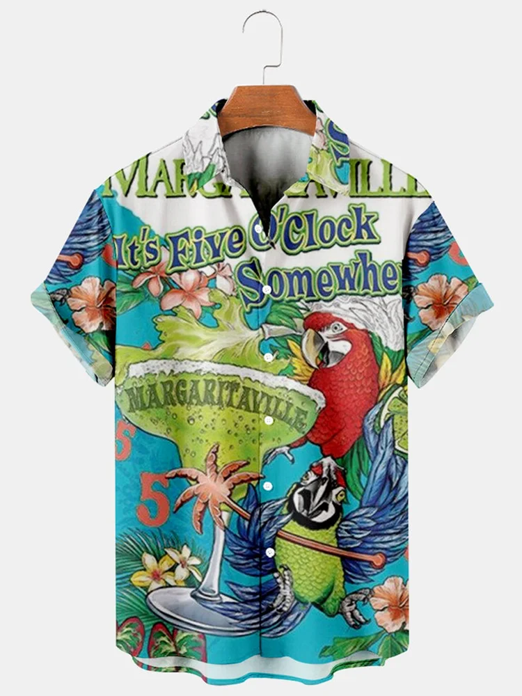 Parrot and Wine Glass Casual Short Sleeve Men's Shirt