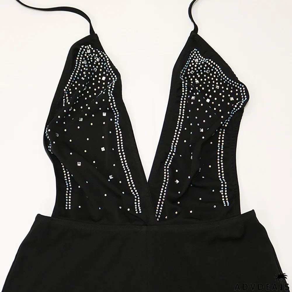 Hot Drilling V Neck Halter Romper+Tassel Skirt 2 Piece Sets