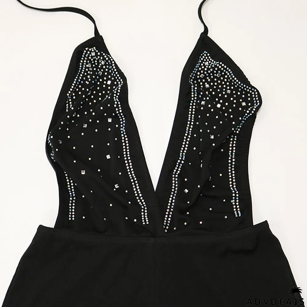 Hot Drilling V Neck Halter Romper+Tassel Skirt 2 Piece Sets