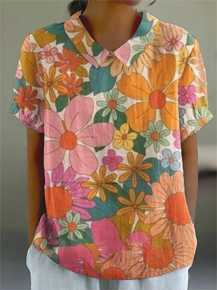 Women's Flower Art Print Casual Cotton And Linen Shirt