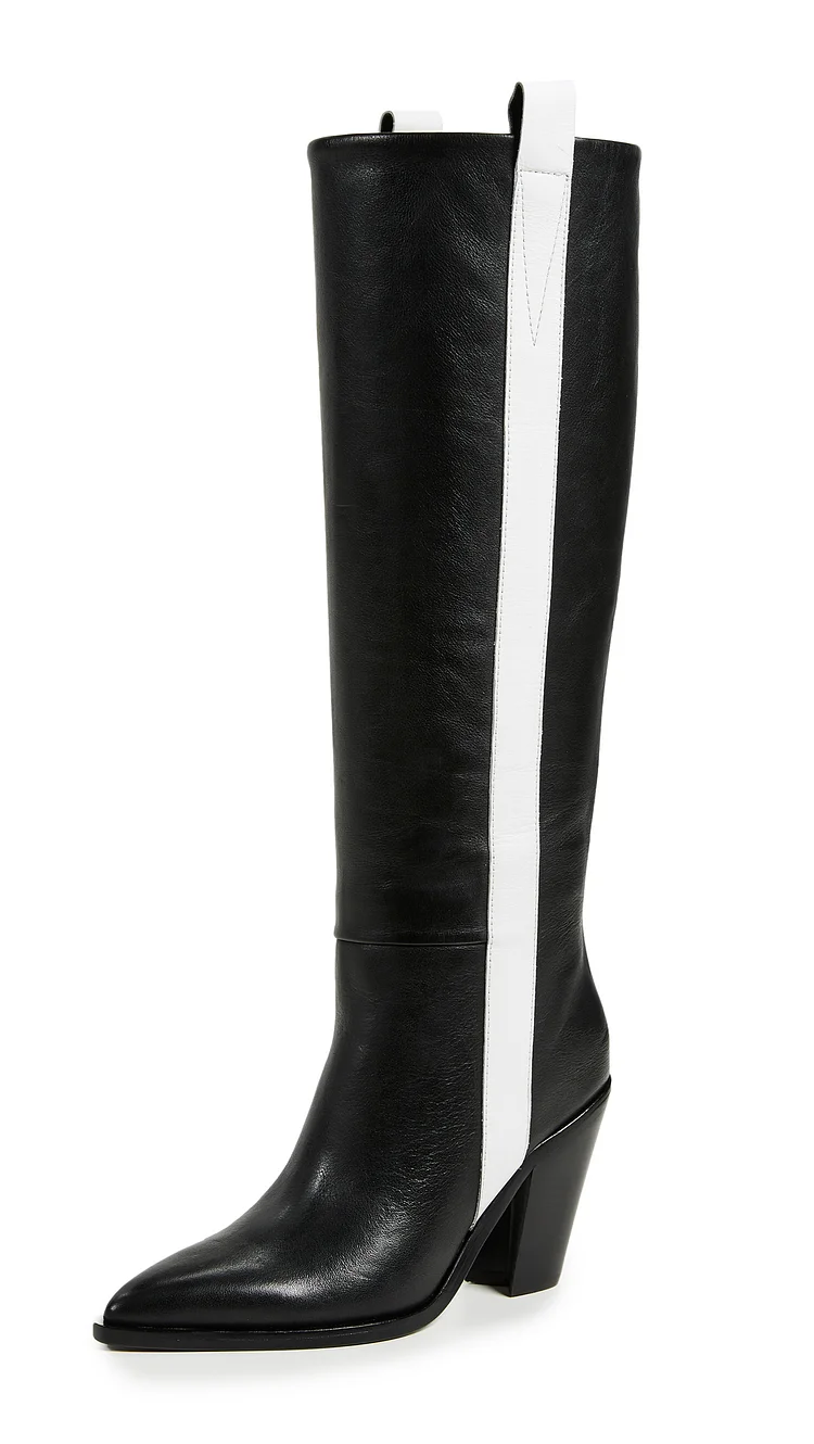 Black and White Pointy Toe Knee High Chunky Heel Boots Vdcoo