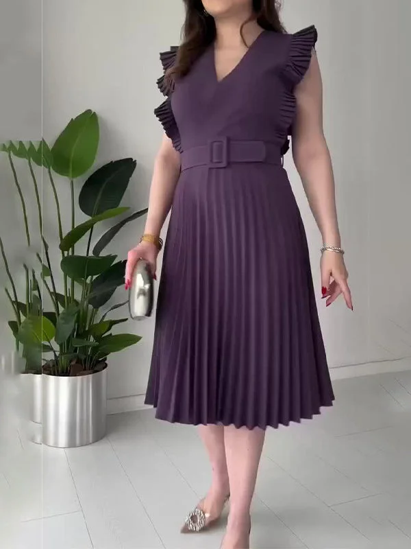 Style & Comfort for Mature Women Women's Puff Sleeve V-neck Soild Midi Dress