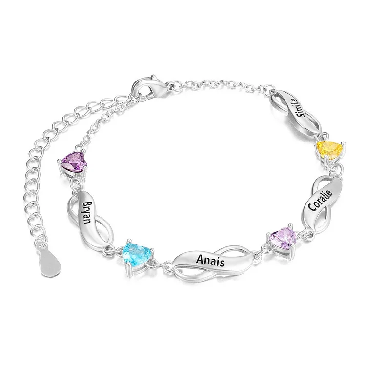 Personalized 4 Hearts Charm Infinity Bracelet with 4 Birthstones