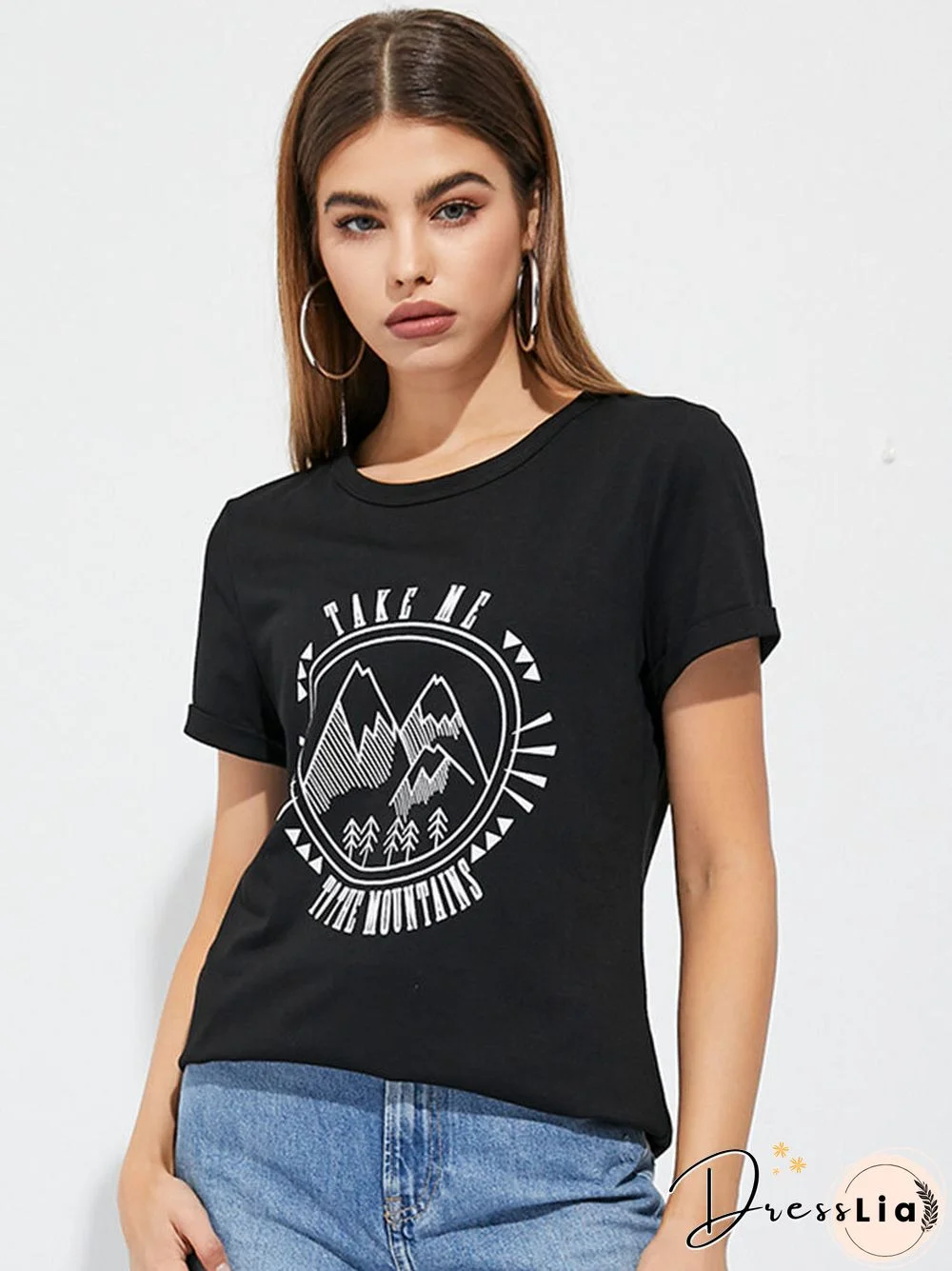 Stick Figure Landscape Print Crew Neck Short Sleeve T-shirt