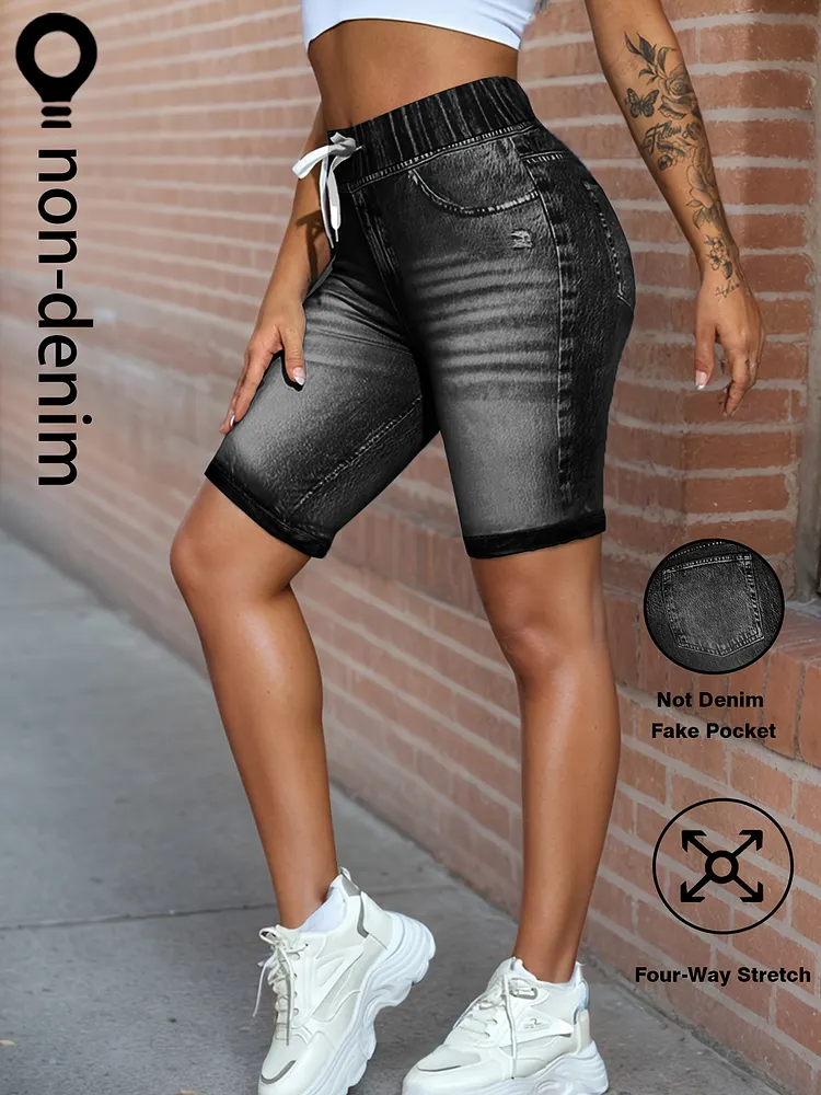 High-Waisted Faux Denim Print Shorts With Drawstring Stretchy Comfortable Full-Body