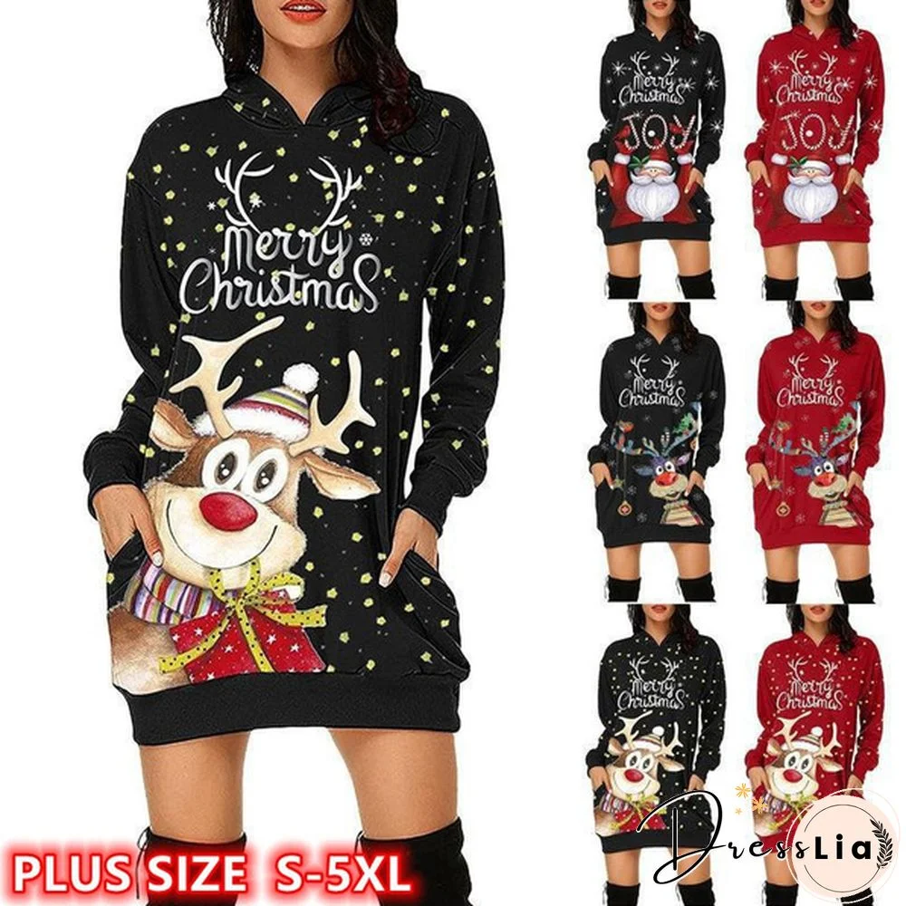 Christmas Clothes Plus Size Fashion Women's Print Loose Sweater Dresses Casual Hoodie Pullover Long Sleeve Short Party Dresses