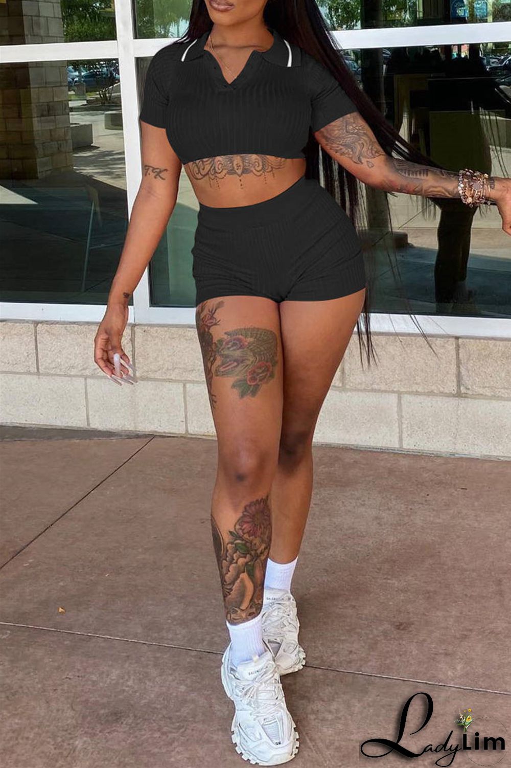 Black Fashion Casual Solid Basic Turndown Collar Short Sleeve Two Pieces