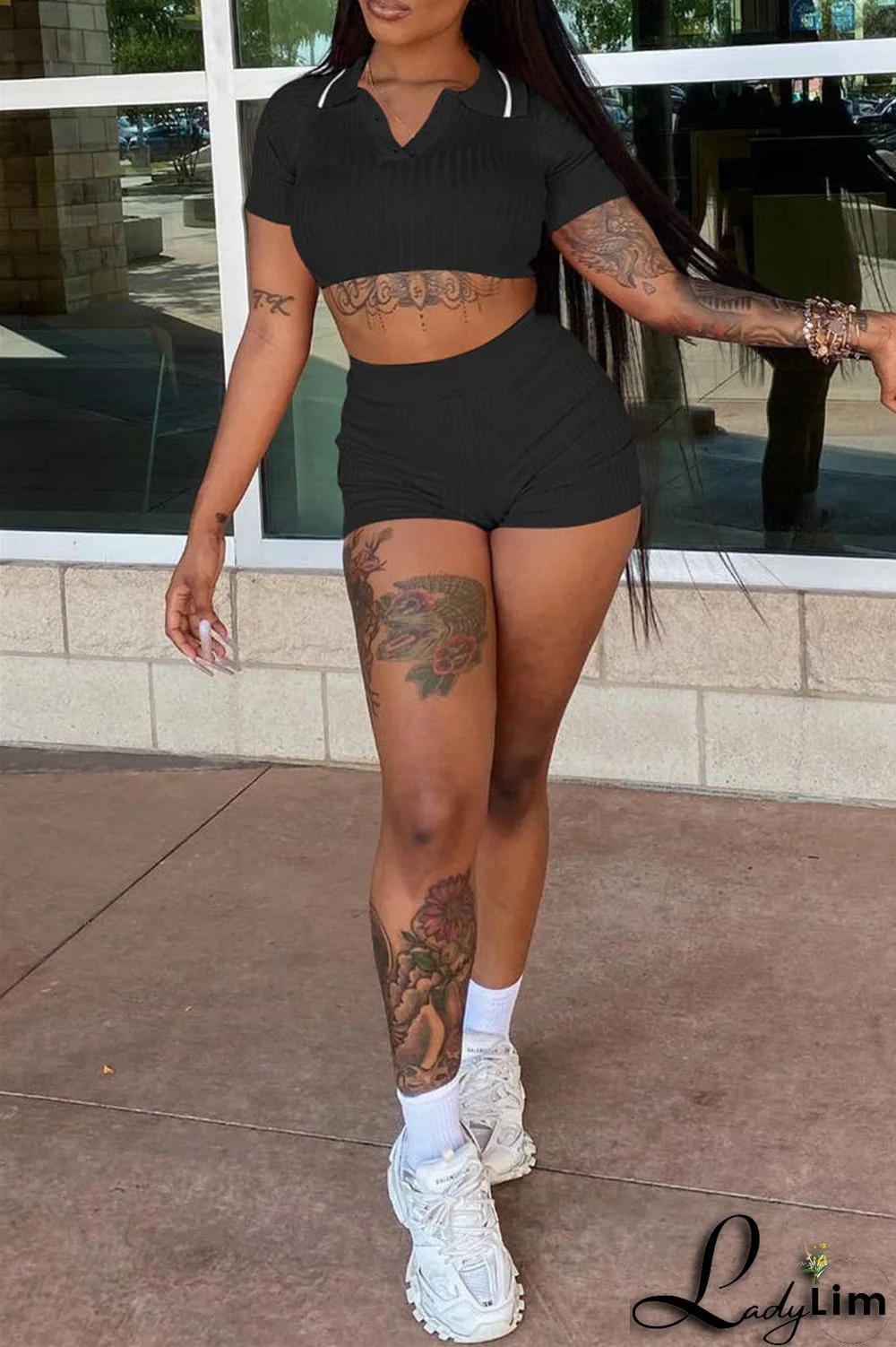 Black Fashion Casual Solid Basic Turndown Collar Short Sleeve Two Pieces