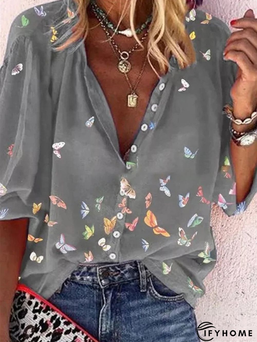 Colorful Butterfly Print Chiffon Long Sleeve Shirt | IFYHOME
