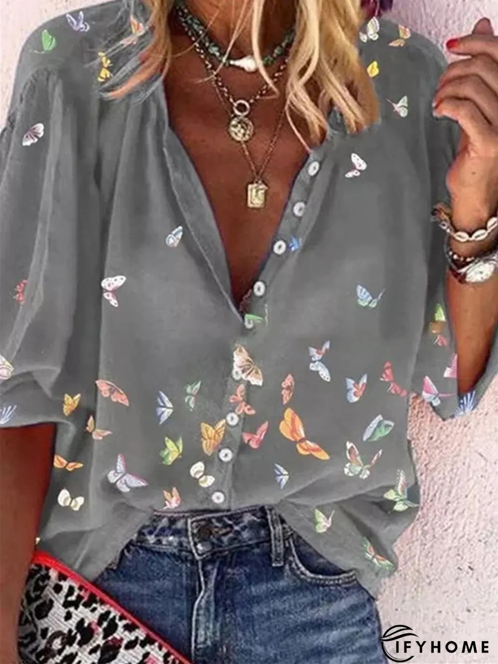 Colorful Butterfly Print Chiffon Long Sleeve Shirt | IFYHOME