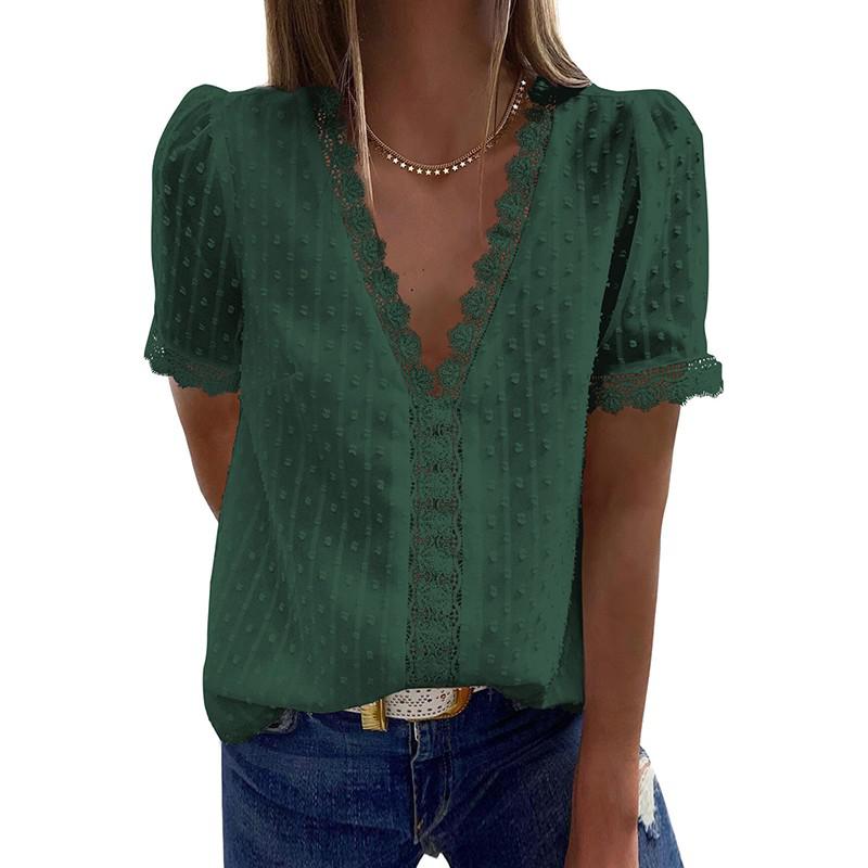 Fashion Short Sleeve Top V Neck Elegant Solid Color Casual Chic Blouses