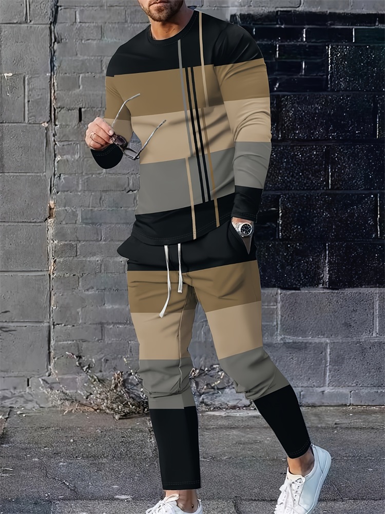 Geswet 2025 New Spring And Autumn Men's Long Sleeve T-shirt And Long Pants Set Daily Street Men's Fashion Long Sleeve T-shirt