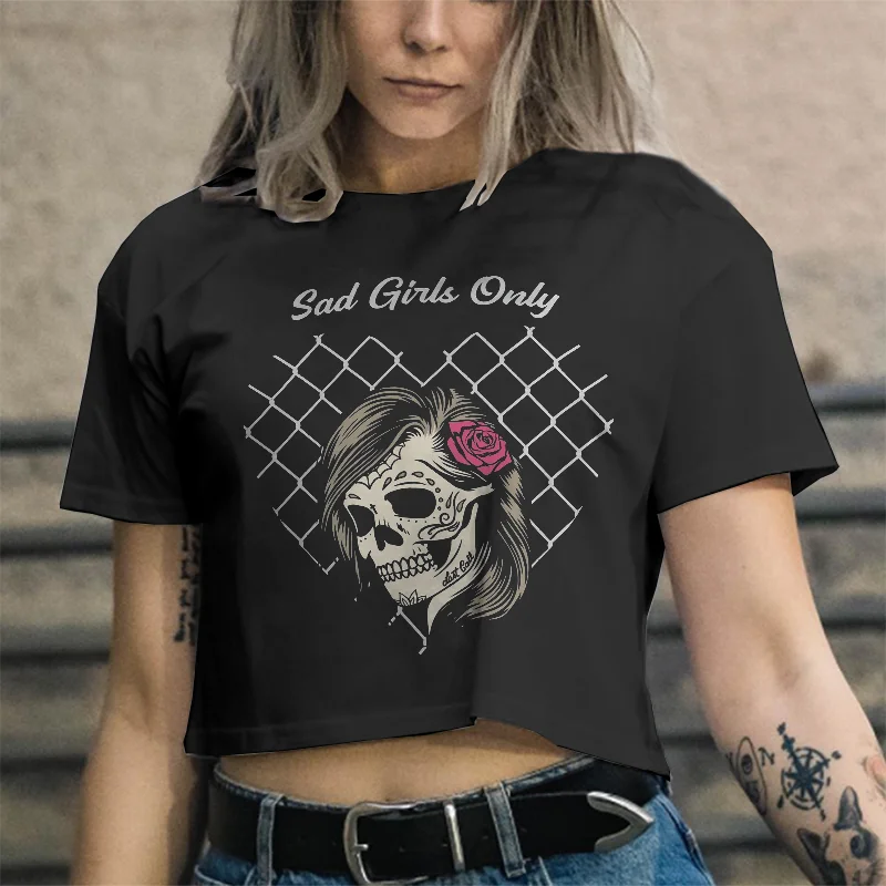 Sad Girls Only Letters Skull Printing Women's T-shirt -  