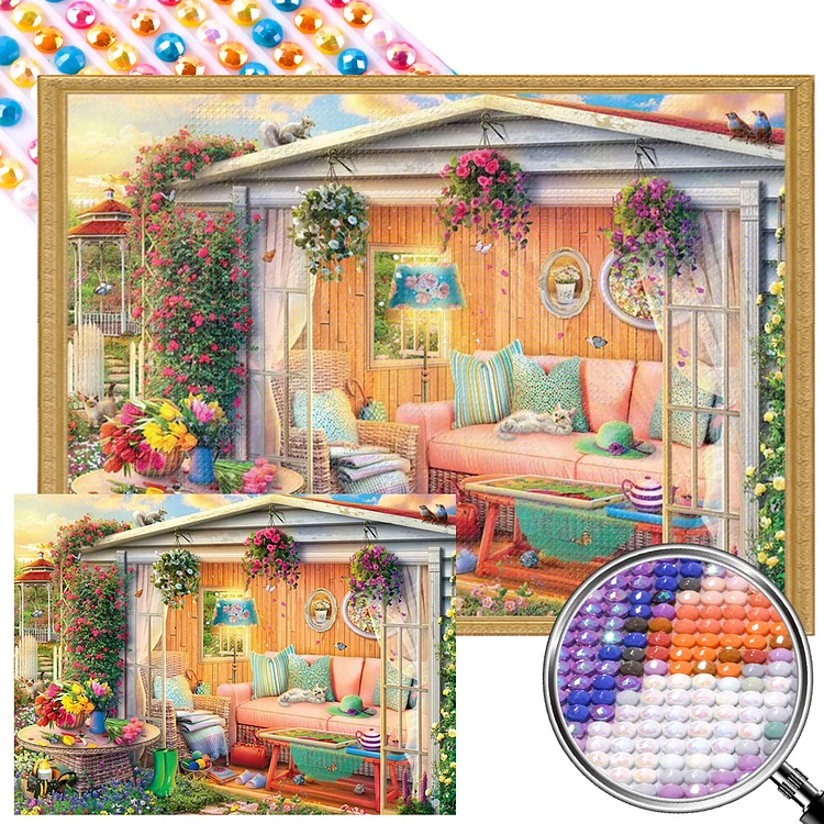 Small Garden and Cat - Full Round(Partial AB Drill) - Diamond Painting (55*40cm)