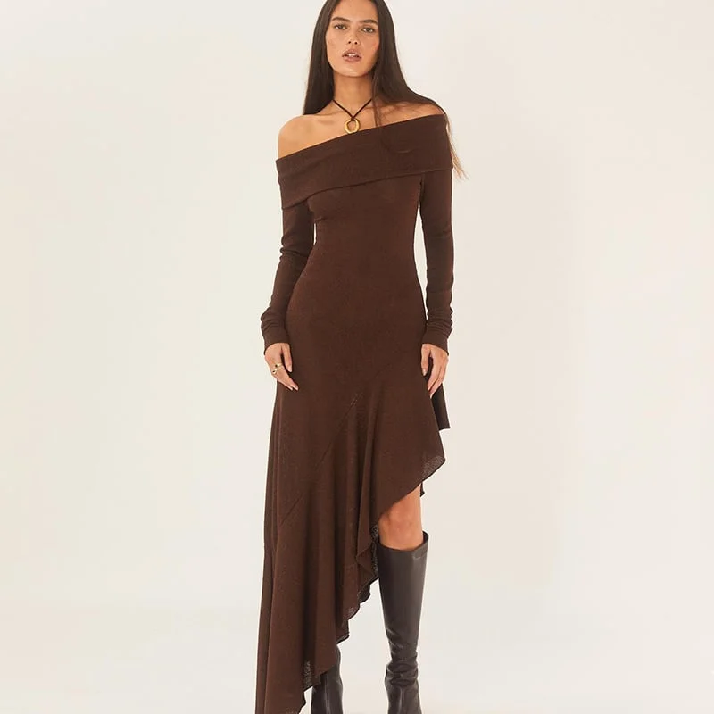Temperament Off Shoulder Long Sleeve Irregular Hem Stretch Maxi Dress 