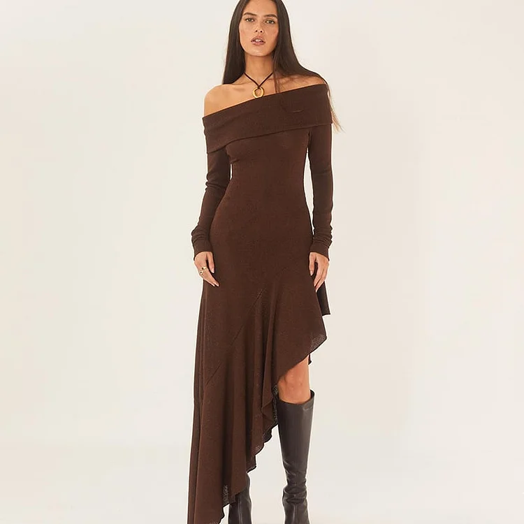 Temperament Off Shoulder Long Sleeve Irregular Hem Stretch Maxi Dress