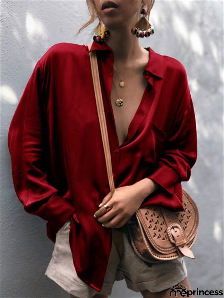 Relaxed Loose Fit Classic Collar Front Button Fastening Chest Pocket Long Sleeve Blouse
