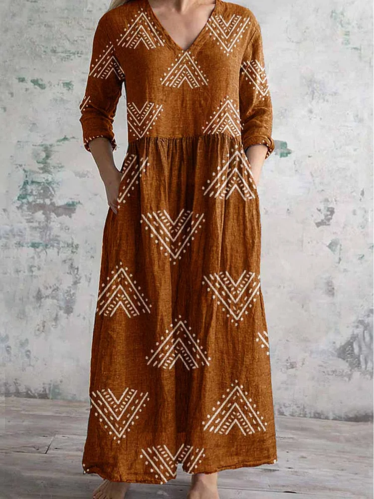 Women'S Artistic Geometric  Pattern Cotton And Linen Dress