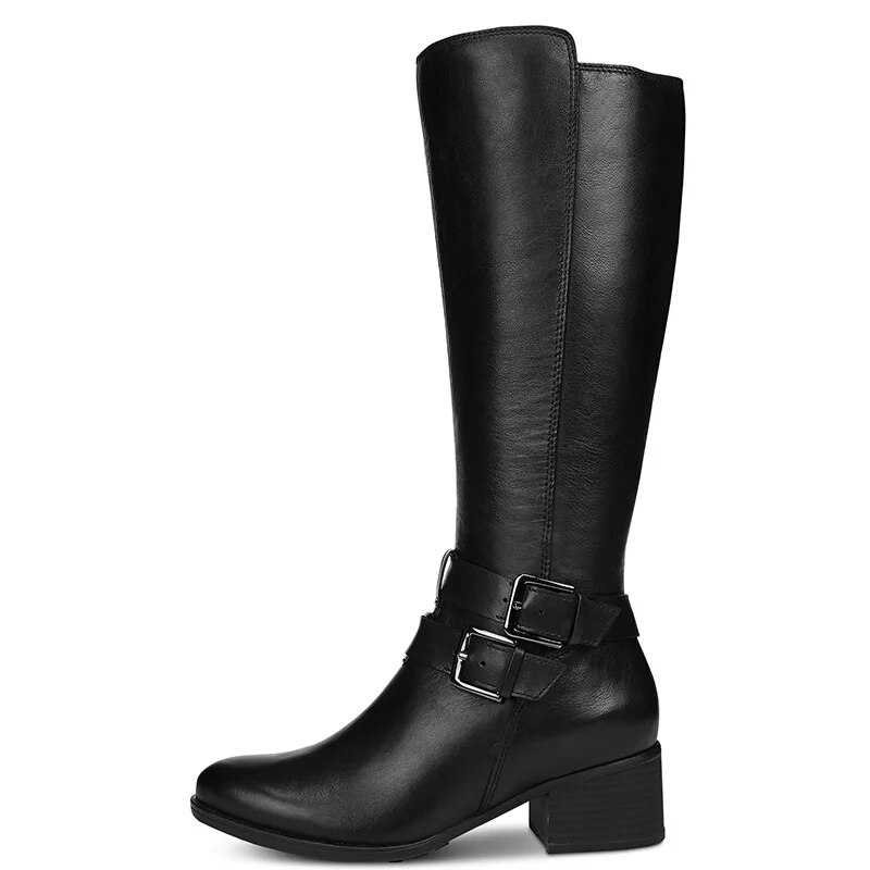 TAAFO Black Knee Long Boots Twin Buckle Women High Chunky Heels Round Toe Zipper Ladies Shoes