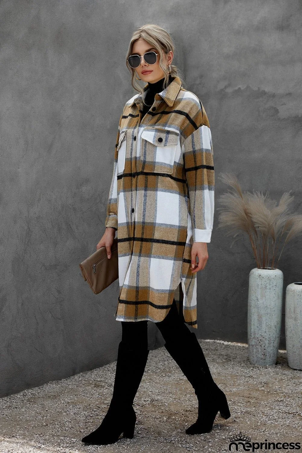 Khaki Turn-down Collar Pocket Button Plaid Coat