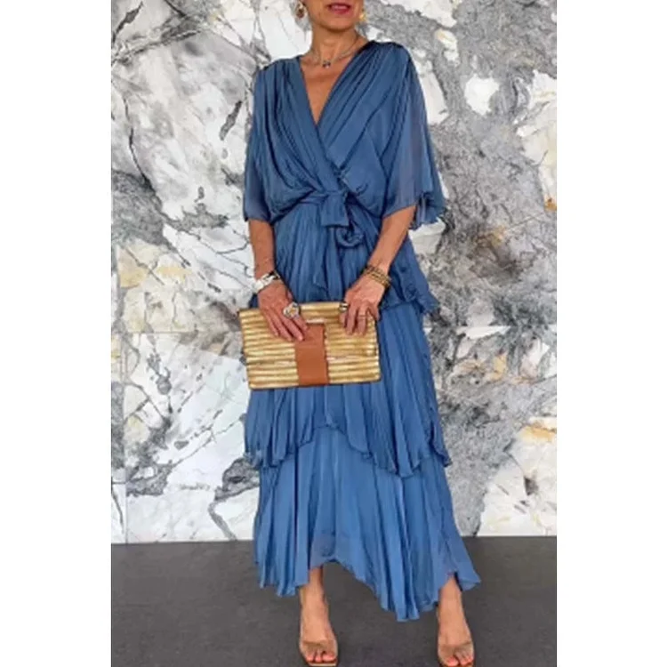 💐 Elegant layered dress with V-neckline, wrap around waist and tie 
