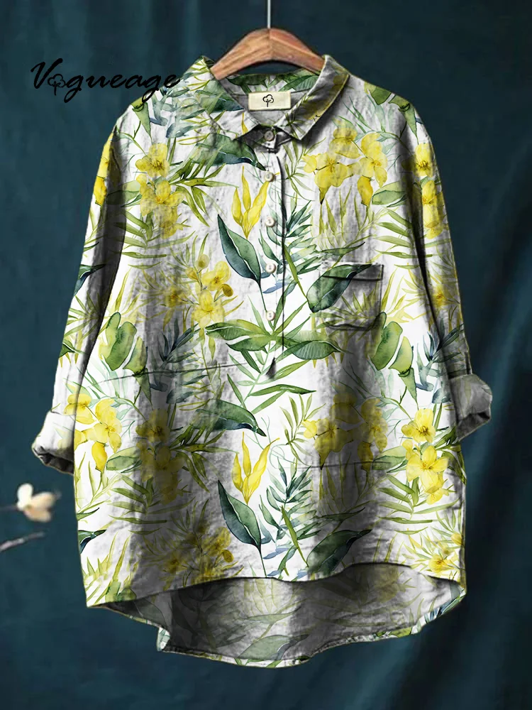 Elegant Watercolor Floral Print Cotton And Linen Shirt
