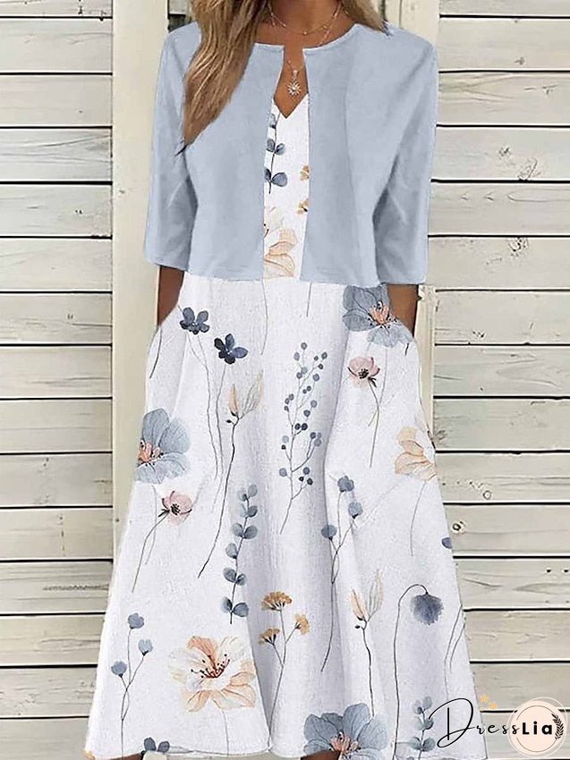 Womens Two Piece Dress Set Casual Print Outdoor Daily Fashion Elegant Pocket Midi Necklace