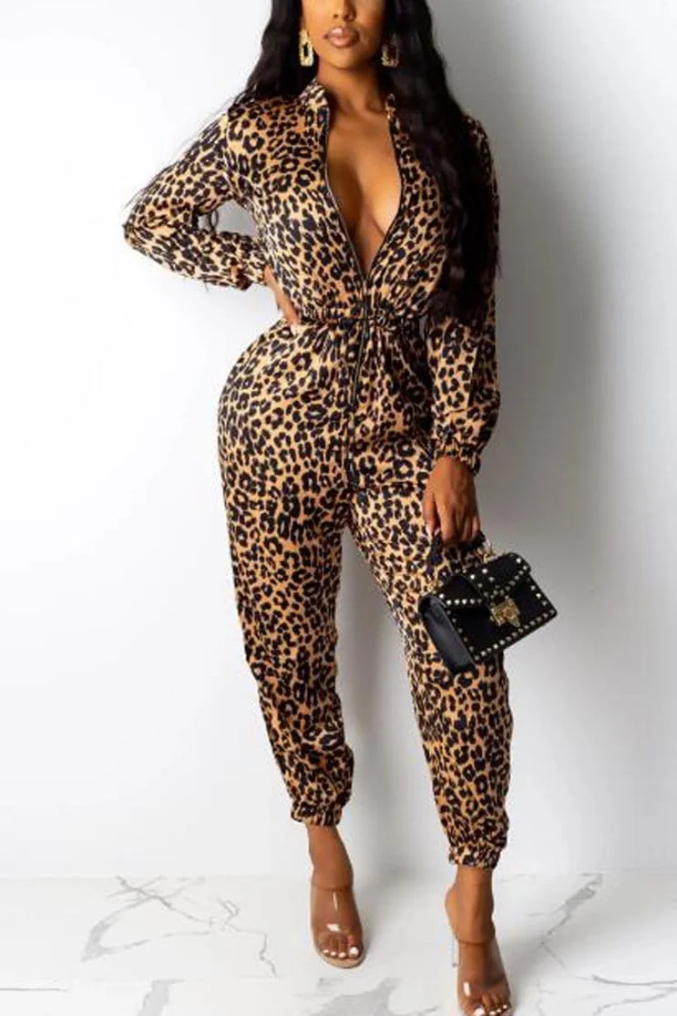 Sexy Printed Zipper Leopard Jumpsuit