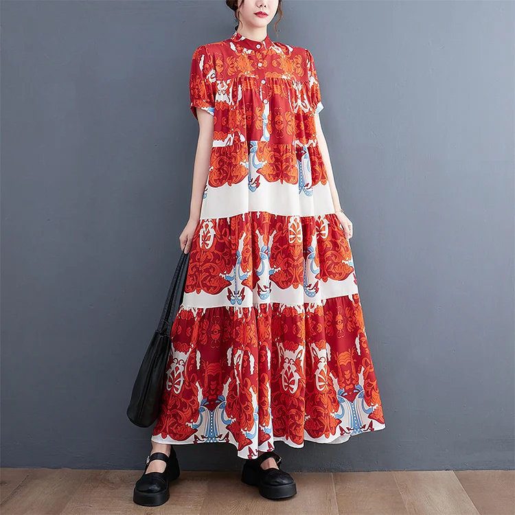 Loose Splicing Print Short Sleeve Midi Dress - yankia