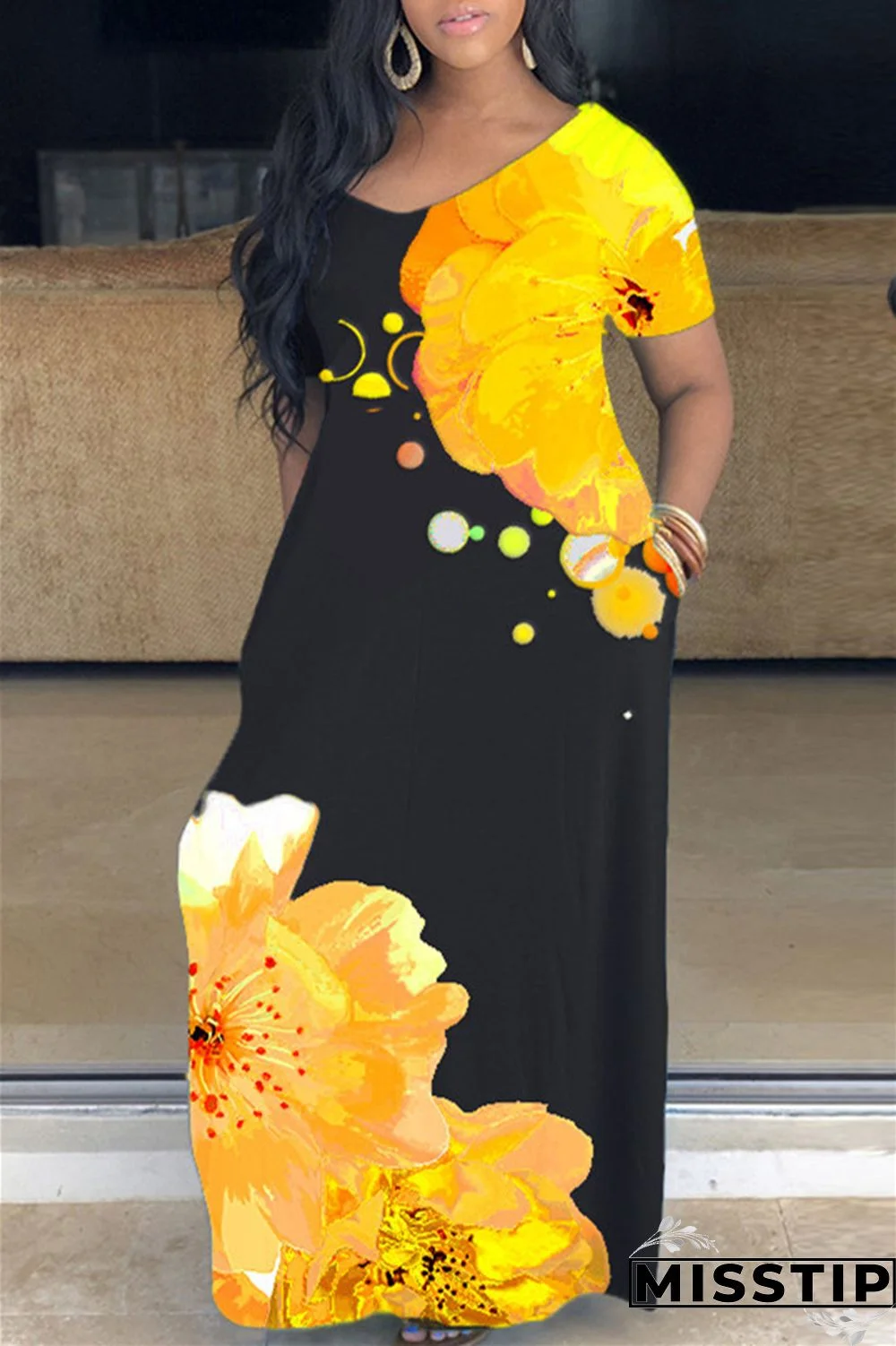 Yellow OL V Neck Floral Print Plus Size Dresses