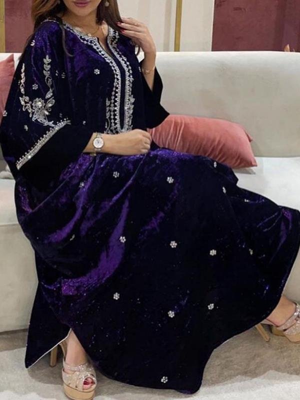 Purple floral women velvet kaftan dress فساتين