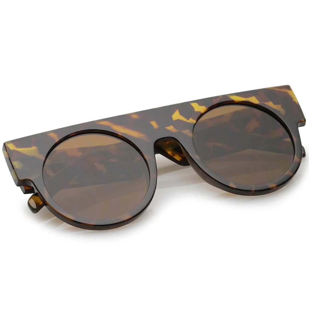 Futuristic Flat Top Wide Temple Flat Lens Round glasses 47mm