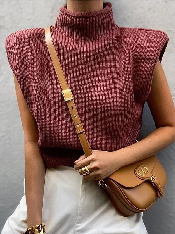 Casual Cap Sleeve Solid Color High-Neck Sweater Tops Pullovers