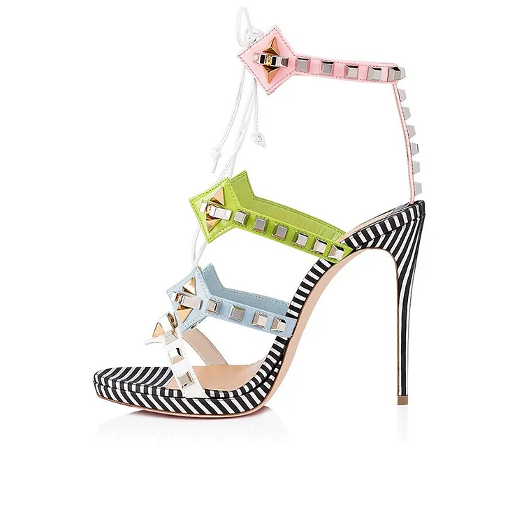 Green Blue and Pink Studs Lace Up Stiletto Heel Sandals Vdcoo