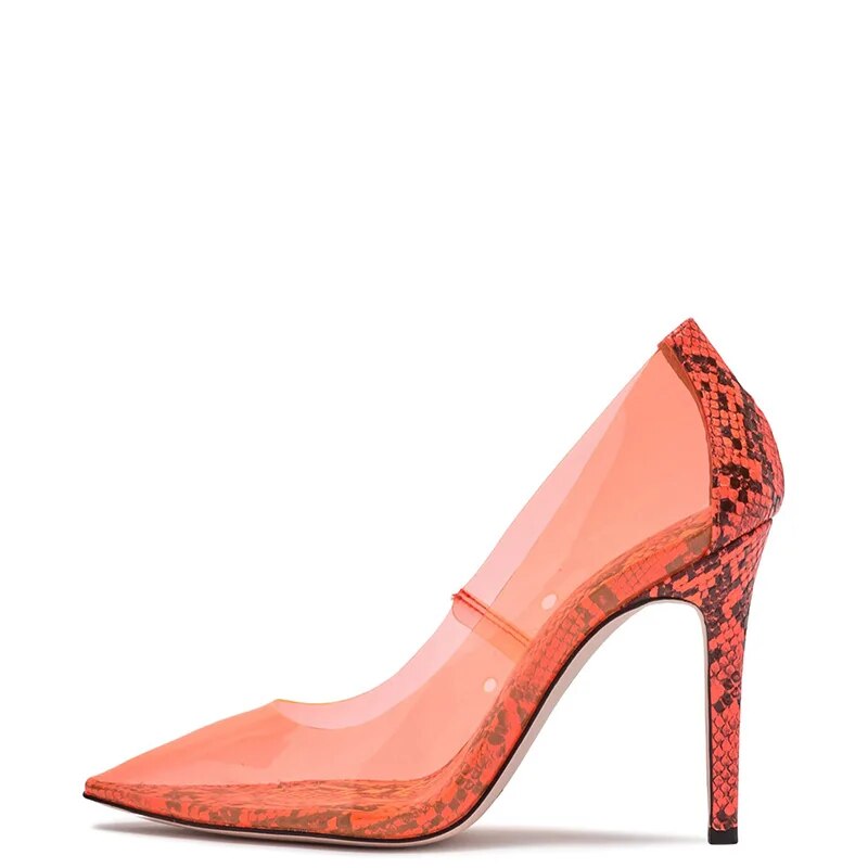 TAAFO Green Snake Prints Stilettos Pumps PVC Woman High Thin Heels Pointed Toe Ladies Office Shoes