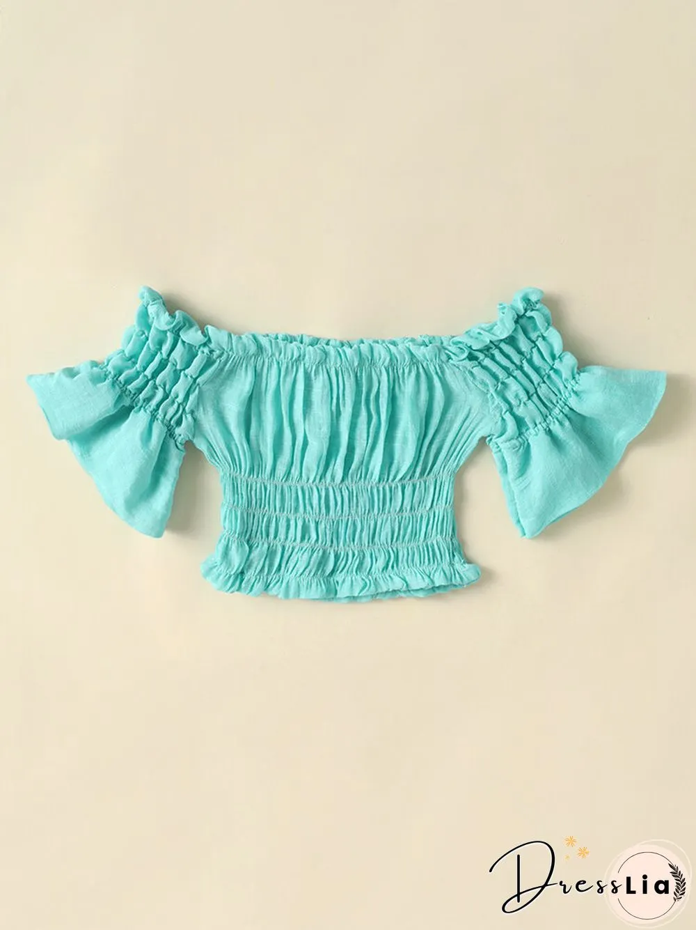 Solid Elastic Waist Bell Sleeve Off Shoulder Crop Top