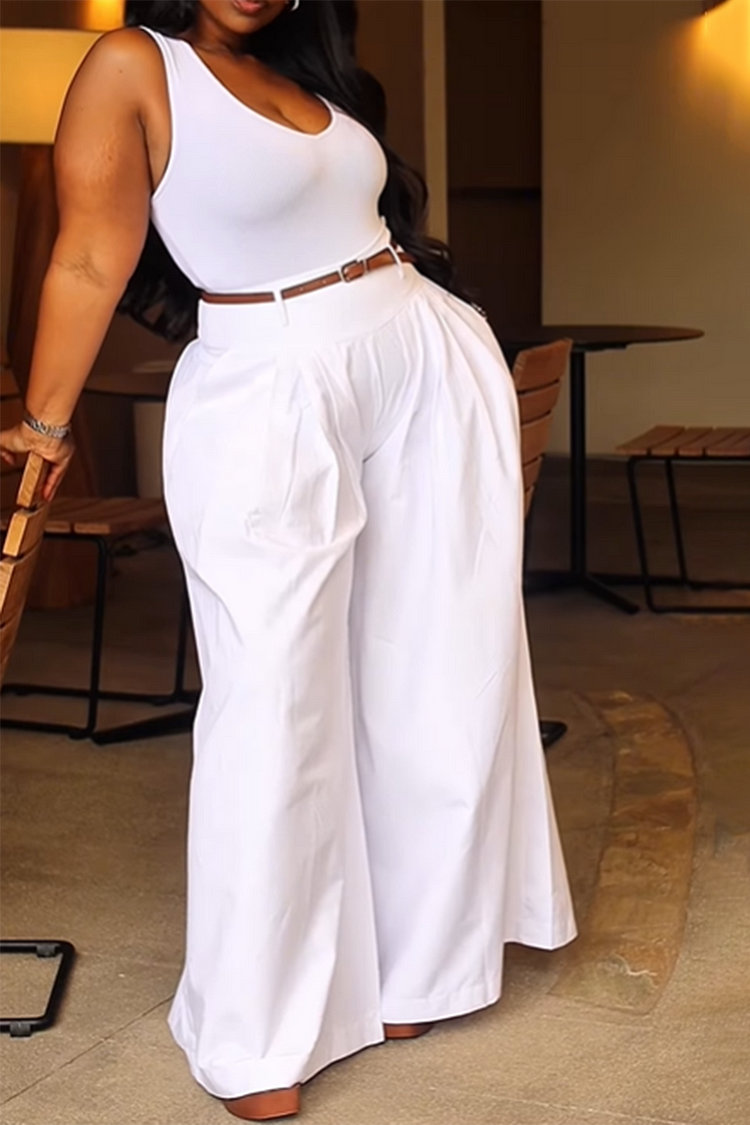 Plus Size Business Casual White Casual Pocket Pants [Pre-Order]