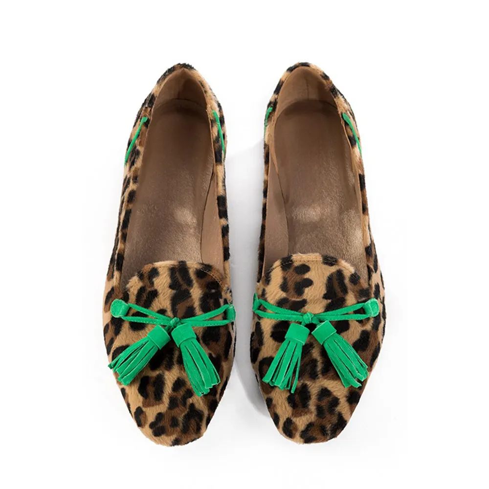 Leopard Print Round Toe Tassel Decor Loafer Flat Shoes Women
