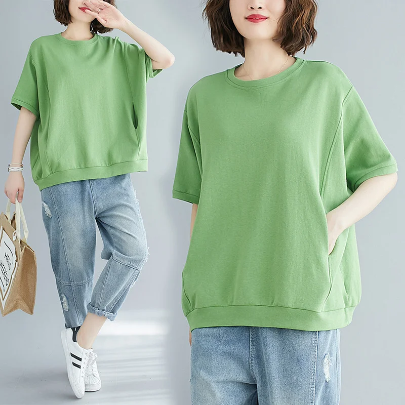 Uveng Uveng Size Add Fat Women's Clothing 200 Jin 2024 Summer Loose Large Size Cover Meat Show Thin Jacket Pure Color Round Collar Short Sleeve T-Shirt