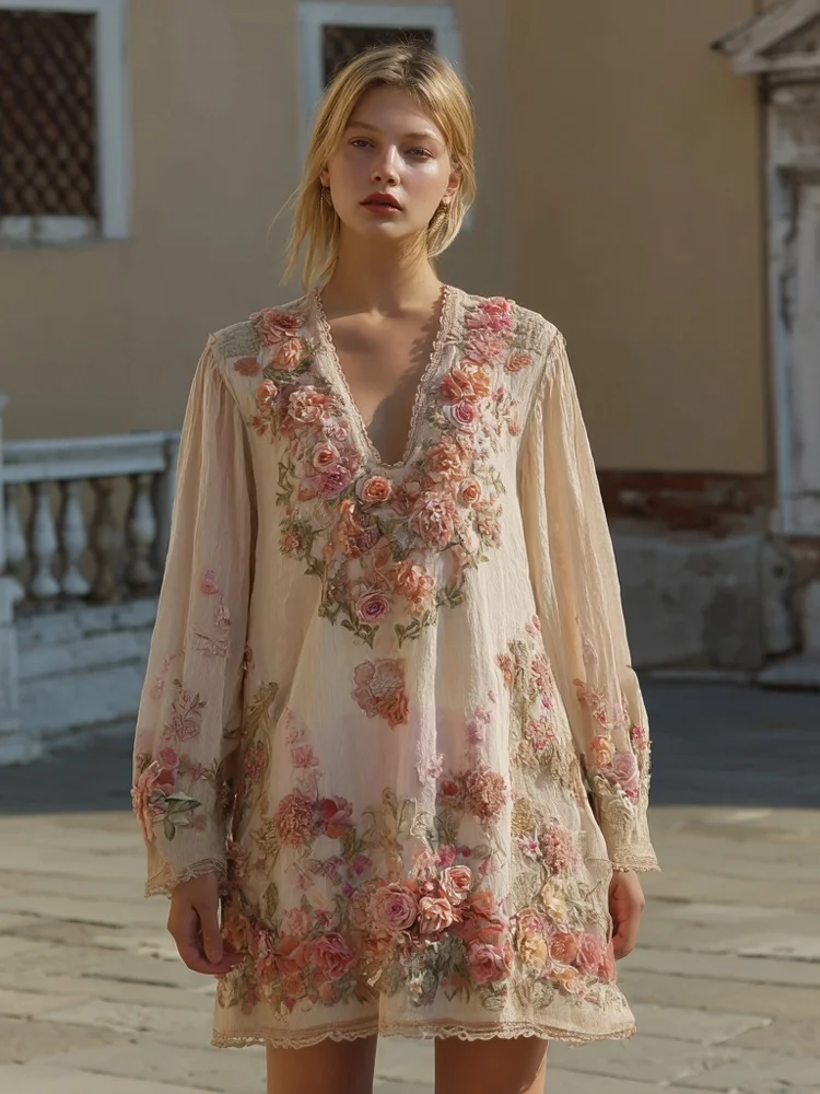 VChics Boho Romantic Rose Embroidered Gradient Linen Mini Dress