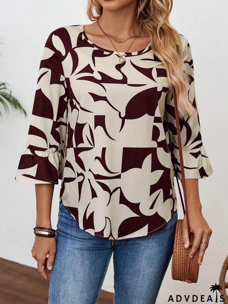 Women's Geometric Pattern Seven-Quarter Sleeve Round-Neck Shirt