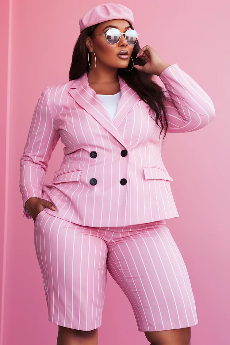 Xpluswear Design Plus Size Business Casual Pink Striped Turndown Collar Short Sleeve Pocket Two Piece Short Sets [Pre-Order]