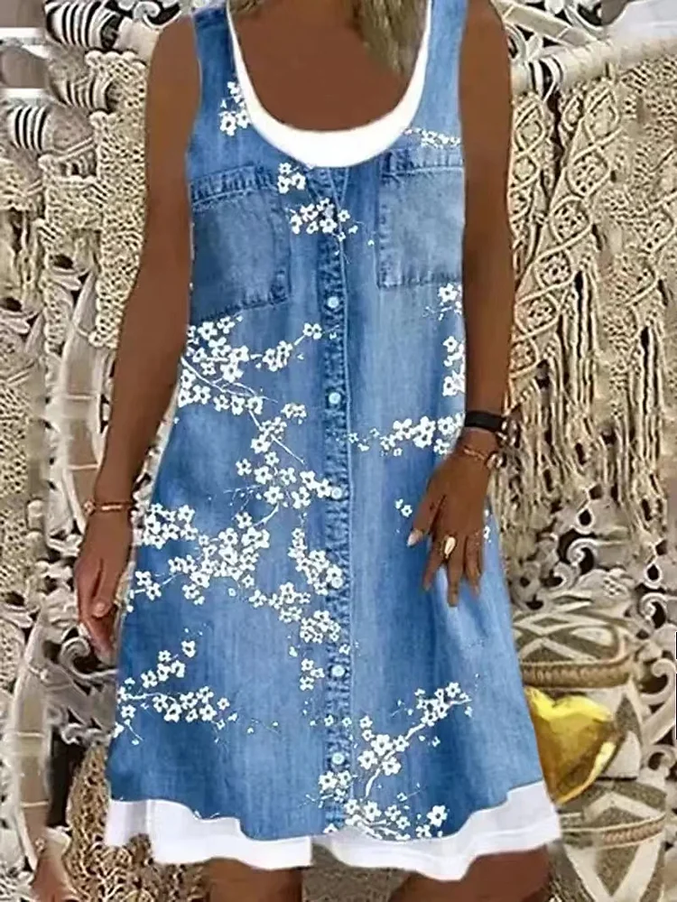 Trendy A-Line Sleeveless Printed 3D Denim Printed Casual Dress